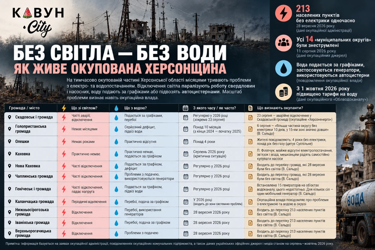 Аналітика щодо води та світла в окупованій частині Херсонщини станом на 1 жовтня 2026 року
