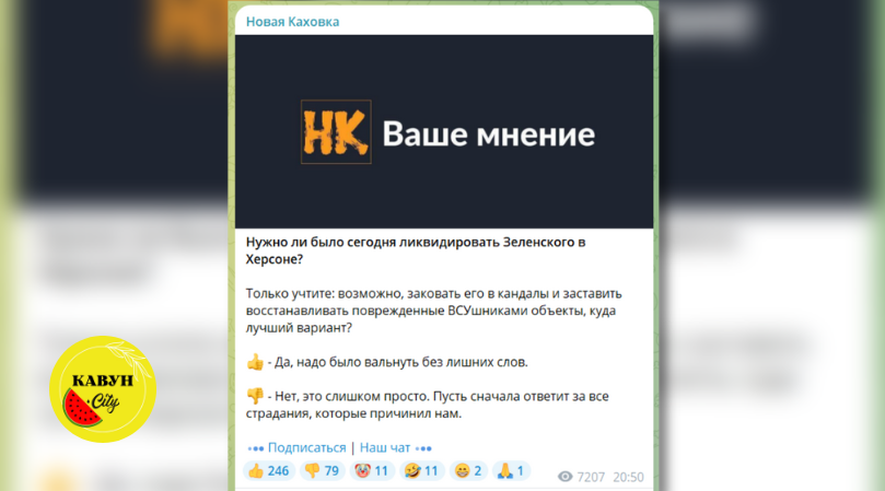 Голосування у терористичному TG-каналі щодо вбивства Володимира Зеленського
