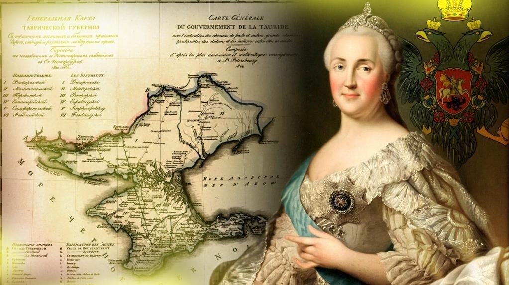 Єкатєріна ІІ та мапа так званої «Таврійської губернії», керувати якою призначили Ґріґорія Потьомкіна