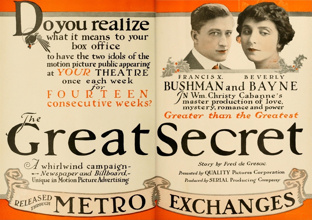 Афіша німого кіносеріалу «Великий секрет» 1917 року