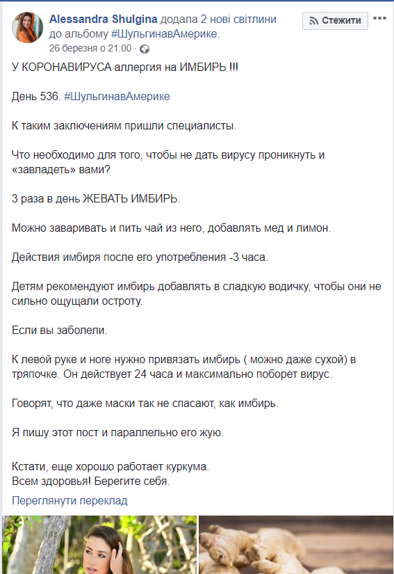 Скріншот повідомлення Шульгіної у Фейсбук