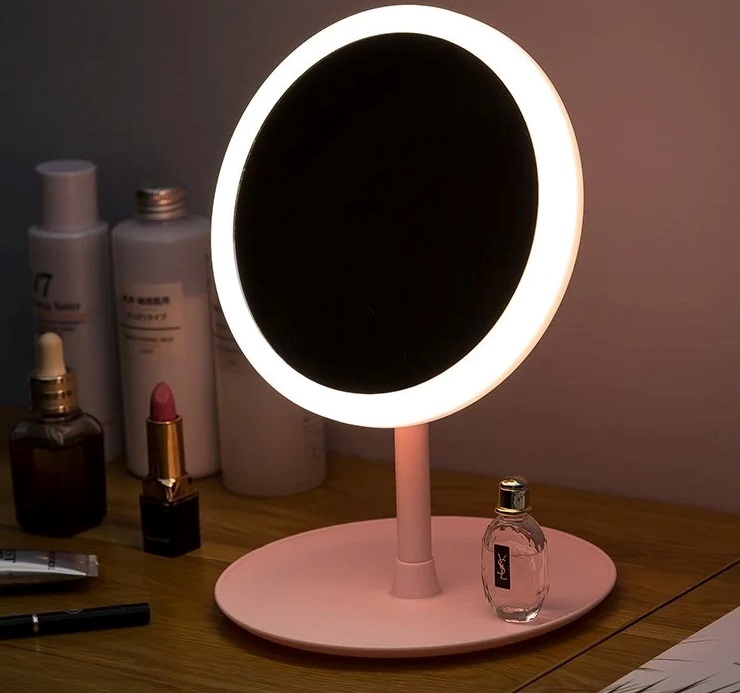 Зеркало для макияжа настольное круглое с LED подсветкой NBZ на аккумуляторе Pink