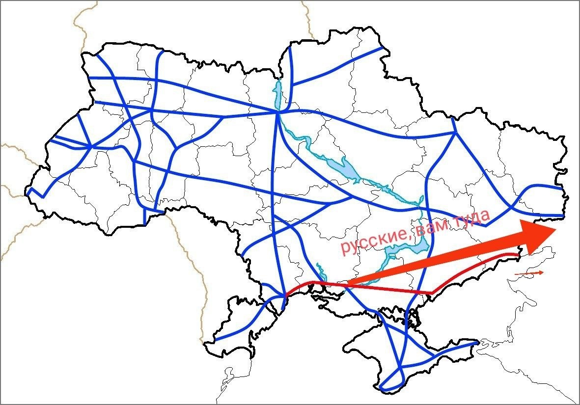 Траса М14 позначена червоним кольором. Напрям руху ми вже додали самі - для росіян, у яких топографічний кретинізм. 