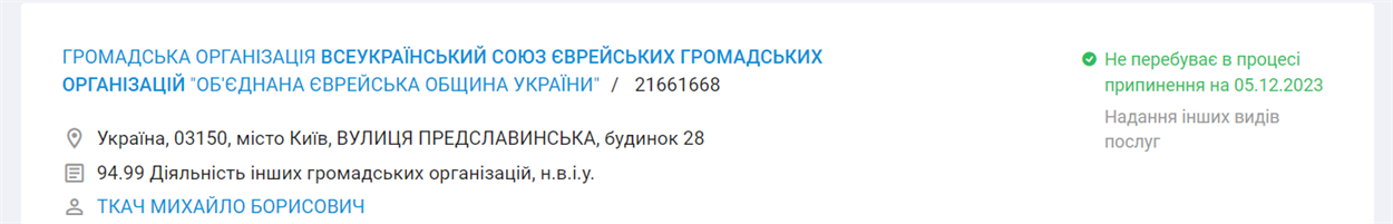 Дані про ВСЕУКРАЇНСЬКИЙ СОЮЗ ЄВРЕЙСЬКИХ ГРОМАДСЬКИХ ОРГАНІЗАЦІЙ «ОБ'ЄДНАНА ЄВРЕЙСЬКА ОБЩИНА УКРАЇНИ