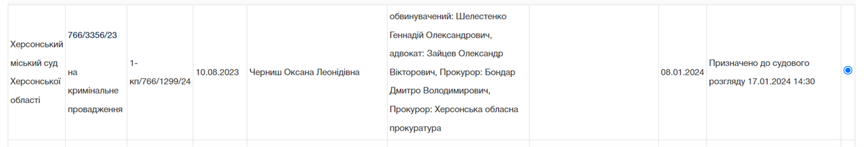 Скріншот повідомлення про засідання суду
