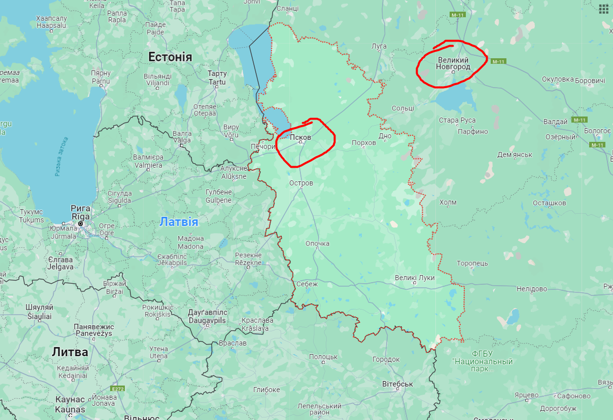 Map of the location of Pskov and Novgorod regions