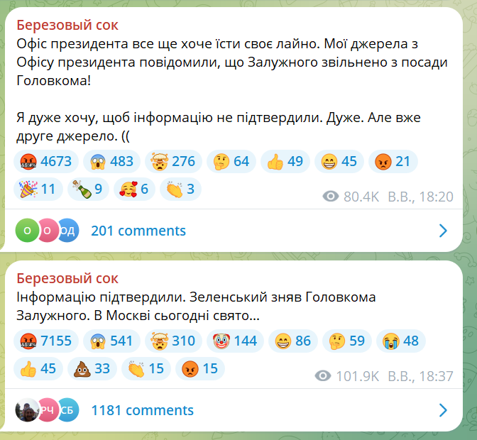 Повідомлення в телеграм-каналі Борислава Берези