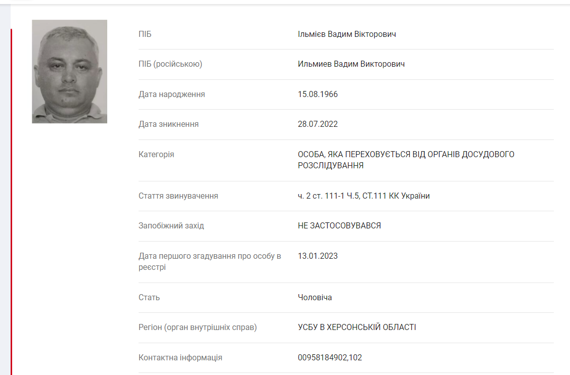 Дані про розшук Ільмієва