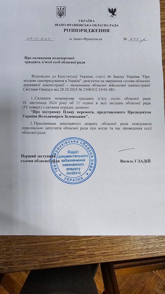Копія документу про скликання сесії Івано-Франківської обласної ради