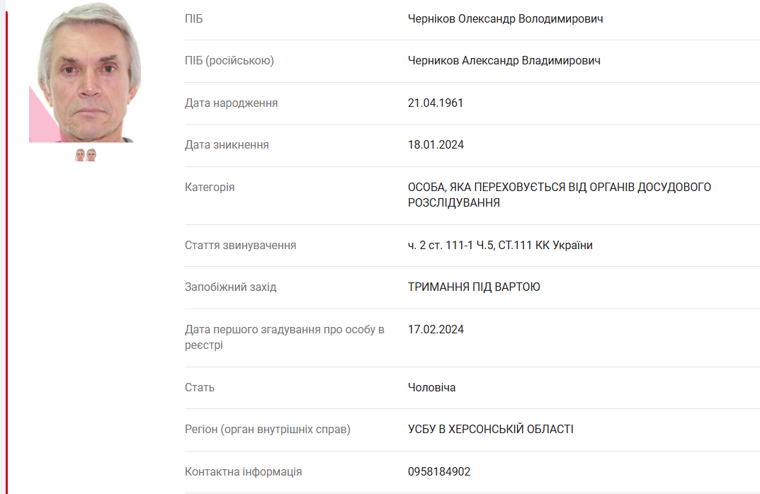 Черніков в базі розшуку МВС
