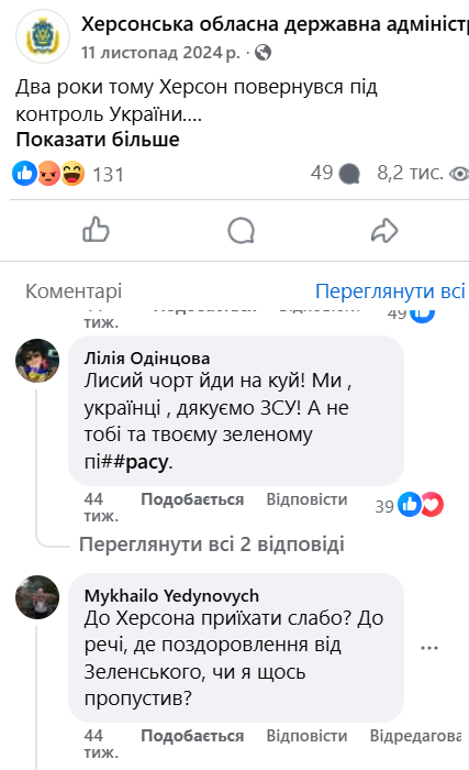 Коментарі під привітанням Кошового 11 листопада 2024 року