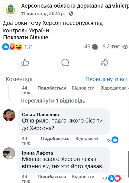 Коментарі під привітанням Кошового 11 листопада 2024 року