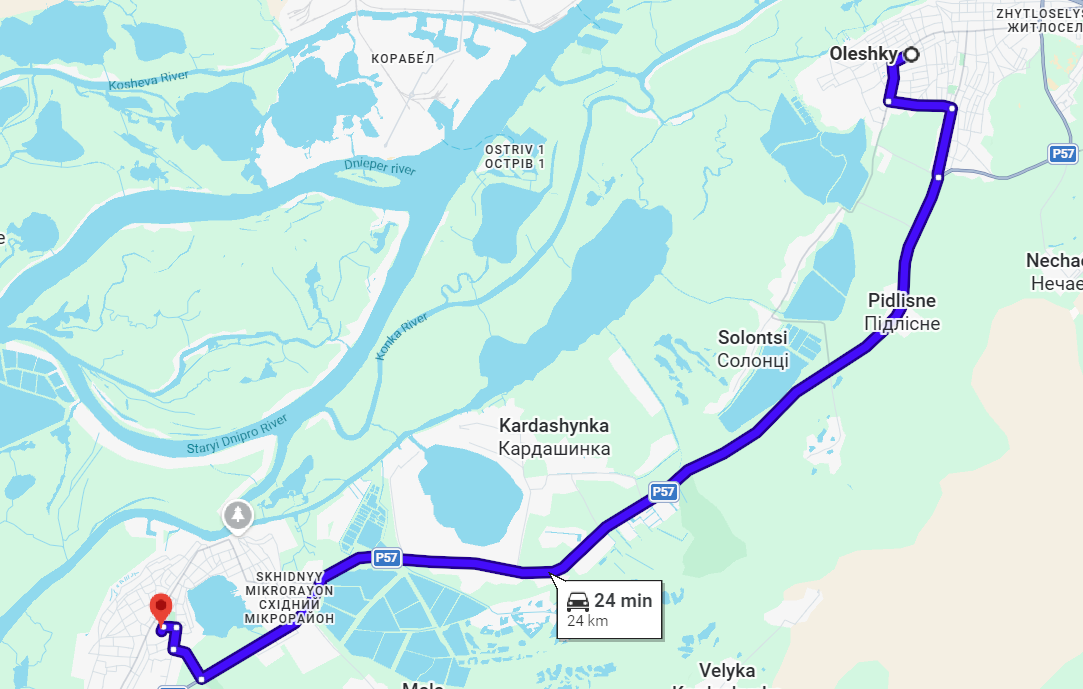 Відстань між Олешками та Голою Пристанню