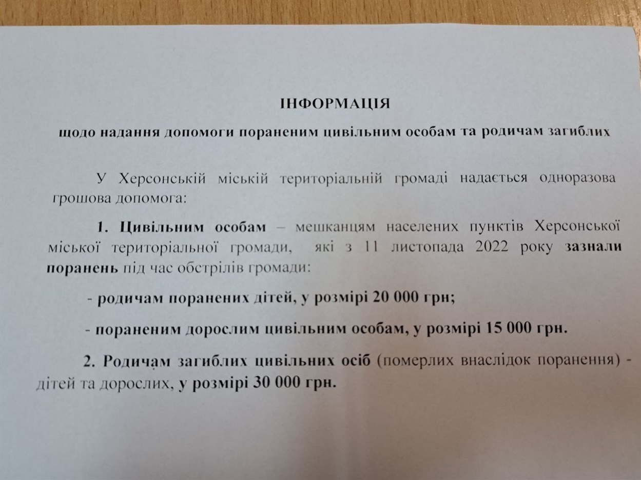 Порядок видачі грошової допомоги пораненим та родичам загиблих під час ворожих обстрілів Херсона